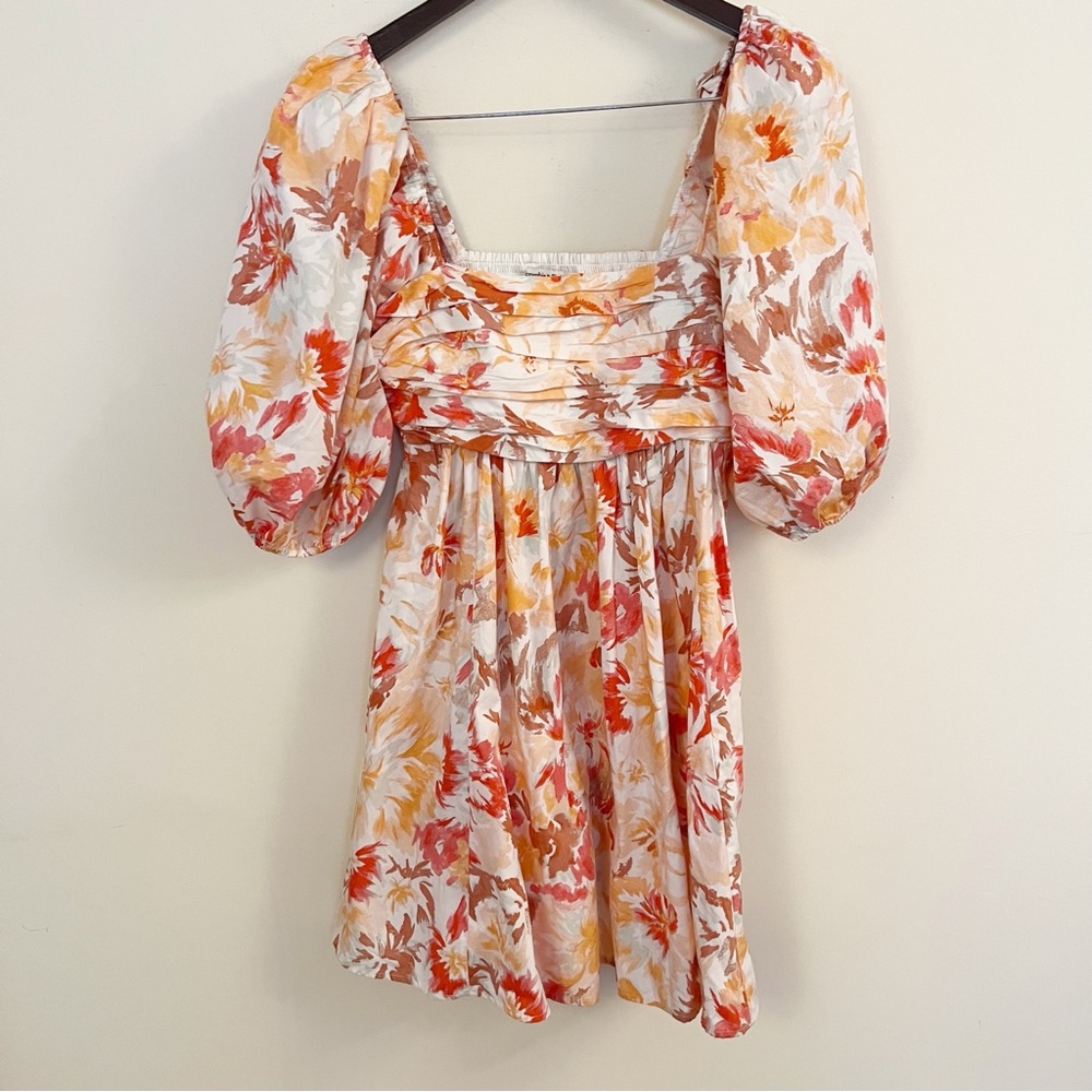Abercrombie & Fitch Puff Sleeve Mini Dress Orange/Red Watercolor Floral Size XS